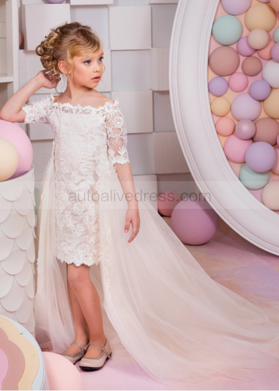 Ivory Lace Knee Length Flower Girl Dress With Detachable Train